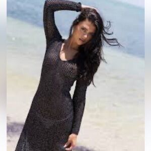 ZARA SILVER METALLIC BLACK CROCHET KNIT SWEATER MAXI DRESS OR SWIM COVERUP SZ S